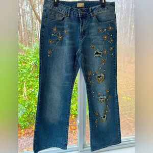 Xyou 11/12 women’s distressed bootcut jeans with sequins & beading w/stretch.